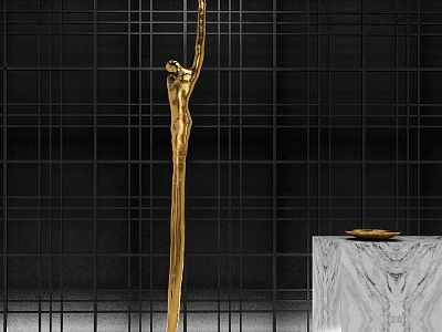 Golden Human Figure Sculpture Against Black Grid Wall With Marble Pedestal 3d model