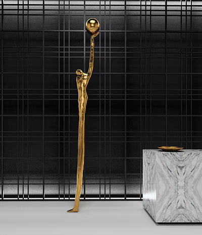 Golden Human Figure Sculpture Against Black Grid Wall With Marble Pedestal 3d model