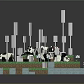 Pixel Style Scene With Playful Pandas Green Terrain And White Poles