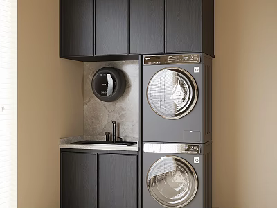 Modern Laundry Room With Dark Upper Cabinets Stacked Washer Dryer And Sink 3d model
