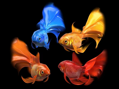 Colorful Aquatic Animals Four Goldfish Swimming Gracefully Against Black Background 3d model
