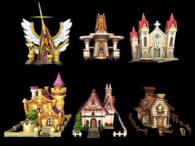 Cartoon Scenery Featuring Various Fantasy Buildings Colorful Spires Towers And Cottages 3d model