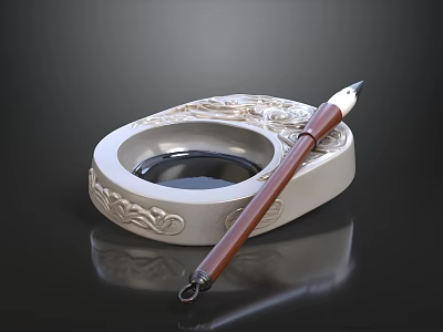 Silver Inkstone With Carved Patterns And Brown Writing Brush On Black Background With Reflection 3d model