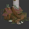 Wooden Cabin Building With Red Roof Stairs Tall Tower Lifebuoy Grass And Decorations