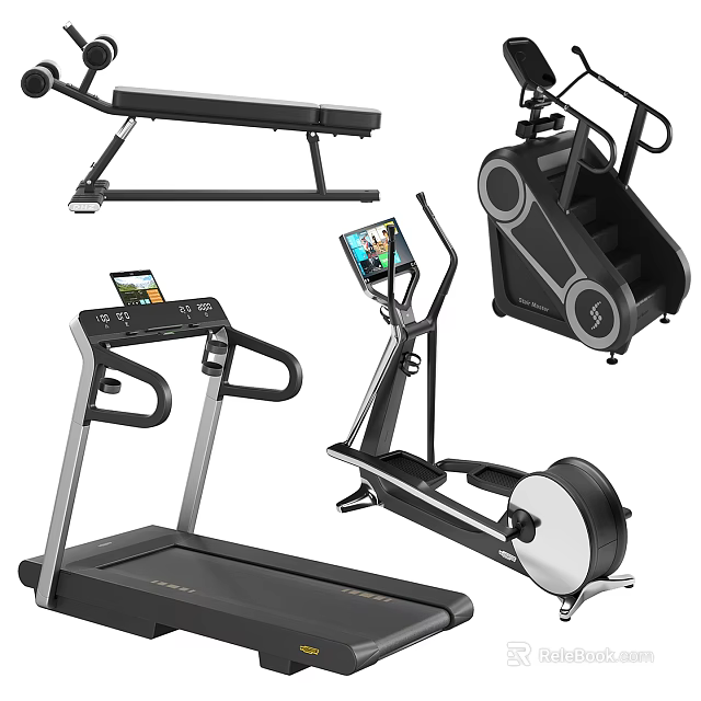 Modern Home Fitness Equipment Collection Featuring Treadmill Elliptical Trainer Exercise Bench And Stair Climber 3d model 