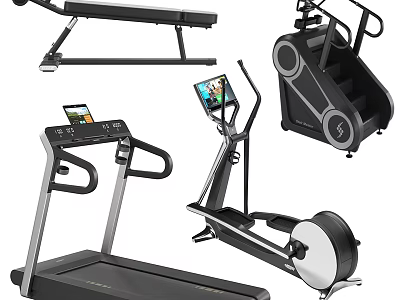 Modern Home Fitness Equipment Collection Featuring Treadmill Elliptical Trainer Exercise Bench And Stair Climber 3d model