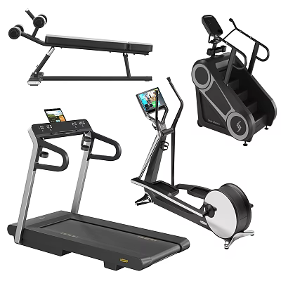 Modern Home Fitness Equipment Collection Featuring Treadmill Elliptical Trainer Exercise Bench And Stair Climber 3d model