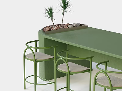 Green Bar Counter Featuring Green Bar Stools With Light Colored Seats And Plants Stones Decor 3d model