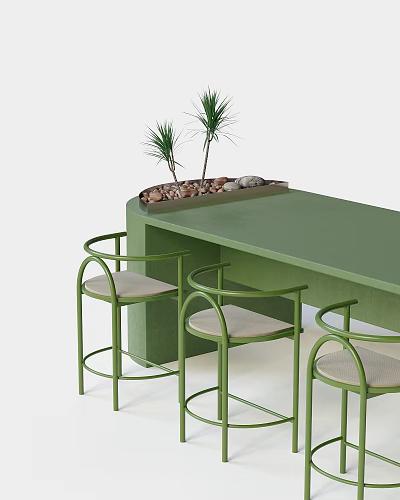 Green Bar Counter Featuring Green Bar Stools With Light Colored Seats And Plants Stones Decor 3d model