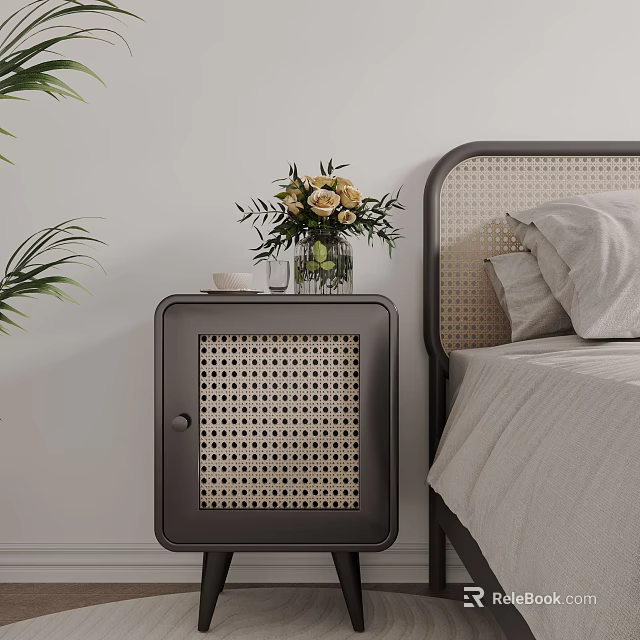 Dark Rattan Panel Bedside Table With Vase Flowers And Cup In Bedroom 3d model 