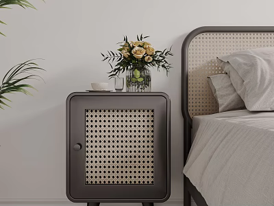 Dark Rattan Panel Bedside Table With Vase Flowers And Cup In Bedroom 3d model