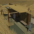 Elevated Wooden House with Thatched Roof in Grassland and Staircase Leading to Deck