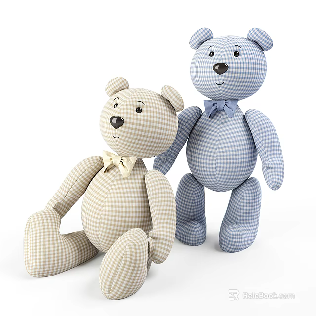 Two Adorable Plush Teddy Bears With Checkered Pattern And Bow Tie Design 3d model 