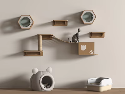 Wooden Wall Mounted Cat Climbing Structure With Hexagonal Perches And Scratching Posts 3d model