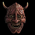 Traditional Red Horned Carved Wooden Mask With Intricate Facial Features