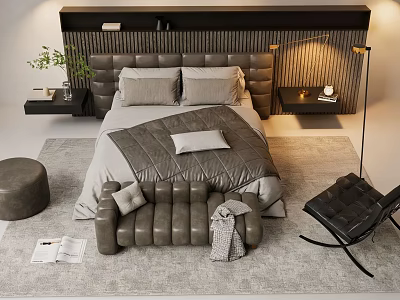 Modern Double Bed Interior Featuring Leather Headboard Nightstand Table Lamp Green Plant And Rug 3d model