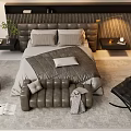 Modern Double Bed Interior Featuring Leather Headboard Nightstand Table Lamp Green Plant And Rug