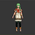 3D Anime Character Model With Green Hair Red Top White Dress And Green Pants