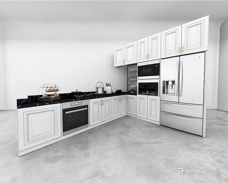 Modern Kitchen Interior With White Cabinets Black Countertop And Stainless Steel Appliances 3d model 