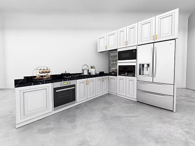 Modern Kitchen Interior With White Cabinets Black Countertop And Stainless Steel Appliances 3d model