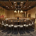 Warm Rustic Restaurant Interior With Wooden Tables Chairs Chandeliers And Indoor Tree