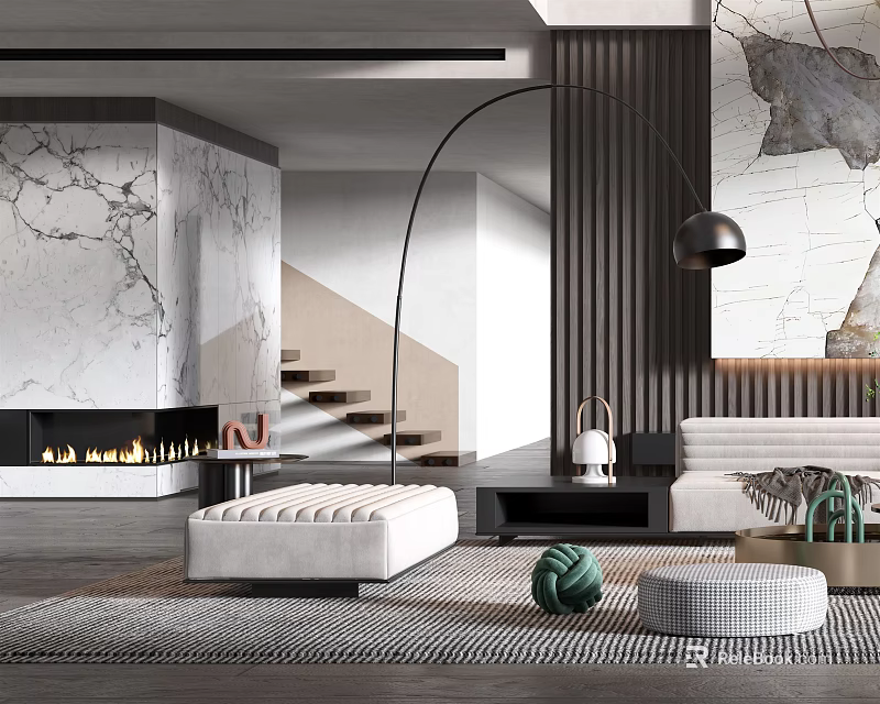 Duplex Living Room Interior With Marble Fireplace Staircase And Arched Floor Lamp 3d model 