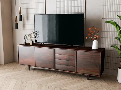 Wooden TV Stand With TV And Decorative Plants In Modern Living Room With Herringbone Floor 3d model
