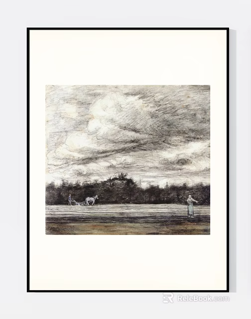 Landscape Painting With Cloudy Sky Green Field Trees People And Horses 3d model 