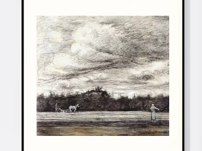 Landscape Painting With Cloudy Sky Green Field Trees People And Horses 3d model