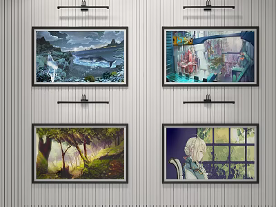 Four Framed Wall Paintings With Nature Indoor Forest And Character Themes 3d model