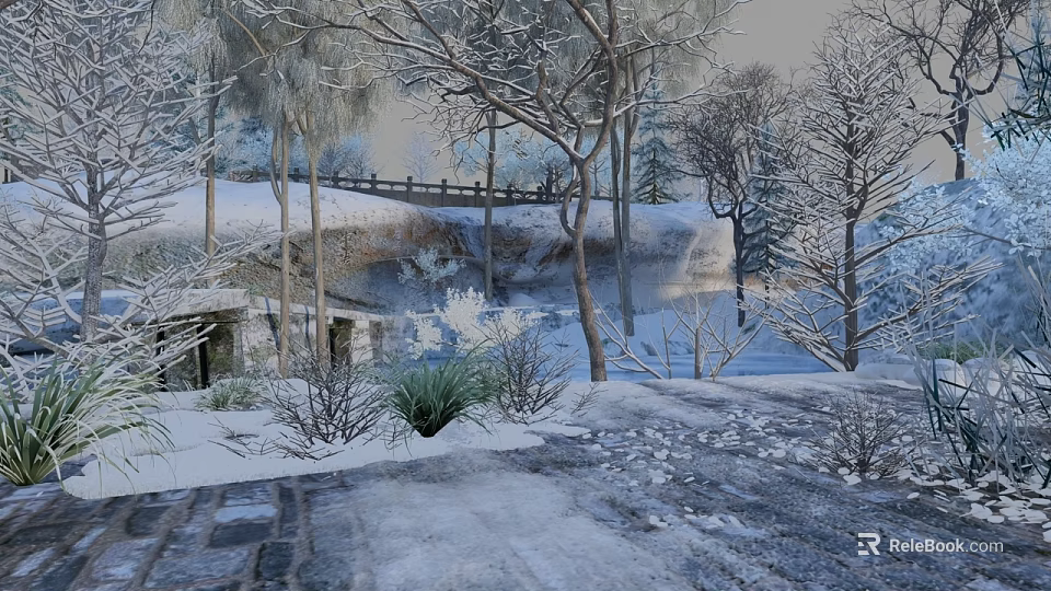 Scenic Winter Landscape With Snow Covered Trees Wooden Fence And Snowy Ground 3d model 