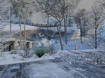 Scenic Winter Landscape With Snow Covered Trees Wooden Fence And Snowy Ground 3d model