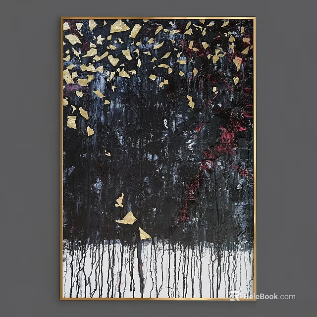 Modern Abstract Painting With Black Background Golden Butterflies And Red Accents 3d model 