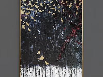 Modern Abstract Painting With Black Background Golden Butterflies And Red Accents 3d model