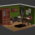 Cartoon Room Scene With Red Cabinet Bed Desk Bookshelf Green Walls And Rug