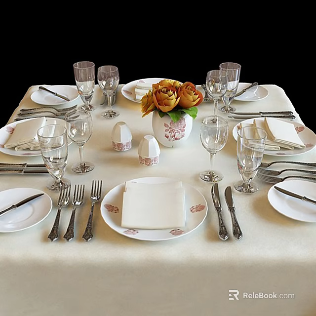 Elegant Tableware Set with Floral Plates Silverware Wine Glasses and Flower Centerpiece 3d model 