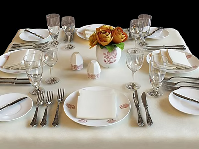 Elegant Tableware Set with Floral Plates Silverware Wine Glasses and Flower Centerpiece 3d model