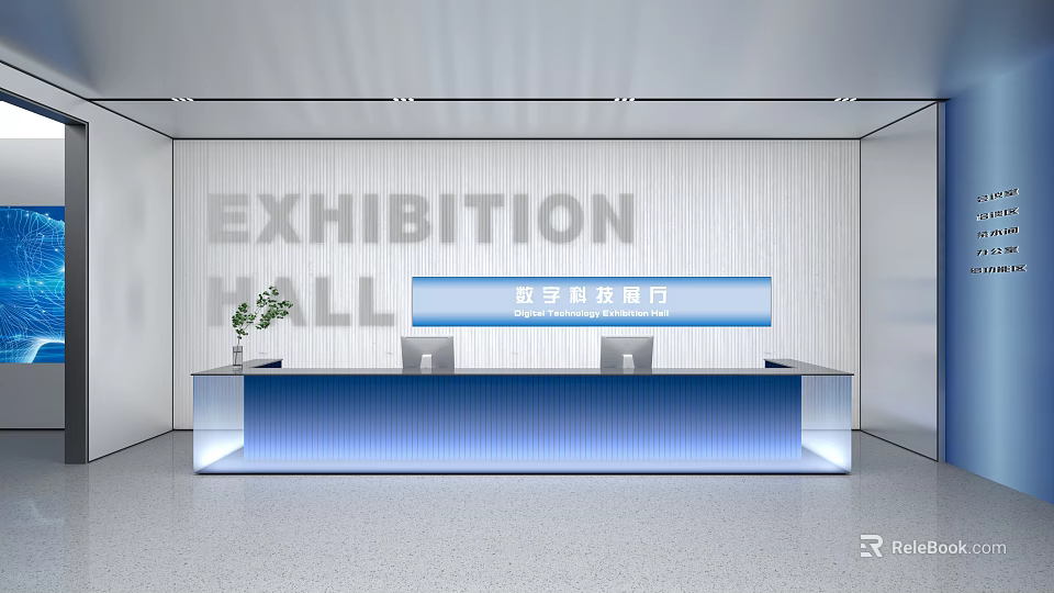 Modern Digital Reading Room Interior With Blue Reception Desk And Lighting 3d model 