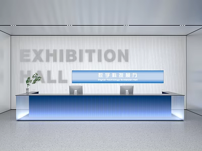 Modern Digital Reading Room Interior With Blue Reception Desk And Lighting 3d model