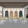 School Classroom With Round Tables Chairs Multimedia Screen And Decorative Paintings