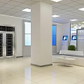 Spacious Digital Store Lobby With White Seats Green Plants Glass Wall And Bright Lighting