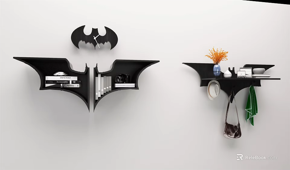 Modern Bat Shaped Black Wall Cabinets with Batman Logo Clock and Decorative Items 3d model 