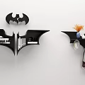 Modern Bat Shaped Black Wall Cabinets with Batman Logo Clock and Decorative Items