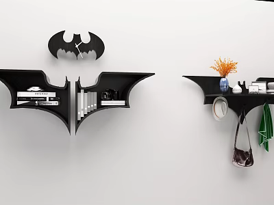 Modern Bat Shaped Black Wall Cabinets with Batman Logo Clock and Decorative Items 3d model