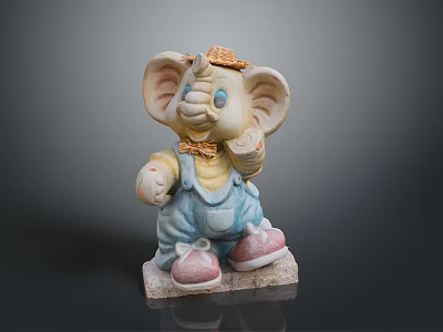 Cute Elephant Figurine Wearing Straw Hat Blue Overalls And Pink Shoes Standing On Square Base 3d model