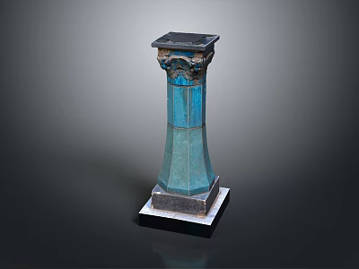 Ornate Architectural Blue Pillar with Intricate Carvings and Square Base Design 3d model