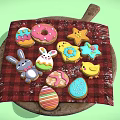 Colorful Easter Themed Cookies On Wooden Board With Red Checkered Cloth