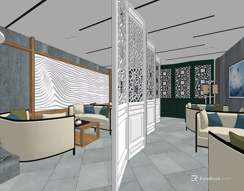 Hotel Public Lounge Interior With Beige Sofas Carved Screens Wavy Wall Decor And Gray Flooring 3d model 
