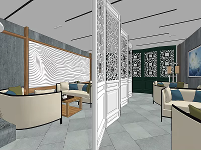 Hotel Public Lounge Interior With Beige Sofas Carved Screens Wavy Wall Decor And Gray Flooring 3d model