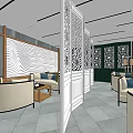 Hotel Public Lounge Interior With Beige Sofas Carved Screens Wavy Wall Decor And Gray Flooring